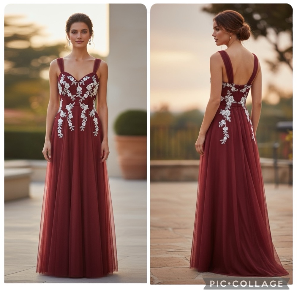 Vivian Diamond Dessy Collection Burgundy Floral Applique Maxi Tulle Dress Sz 12